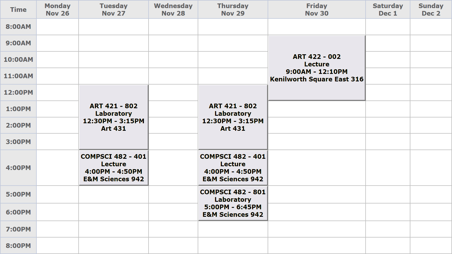 weekly schedule placeholder